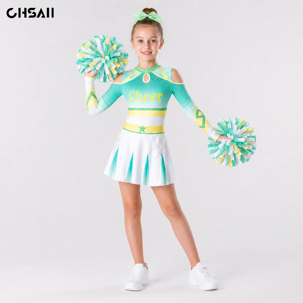 Girls Green Yellow Cheerleading Uniforms Long Sleeve Rhinestone Cold Shoulder Dance Dress Kids Competition Performance Costume
Girls Green Yellow Cheerleading Uniforms Long Sleeve Rhinestone Cold Shoulder Dance Dress Kids Competition Performance Costume