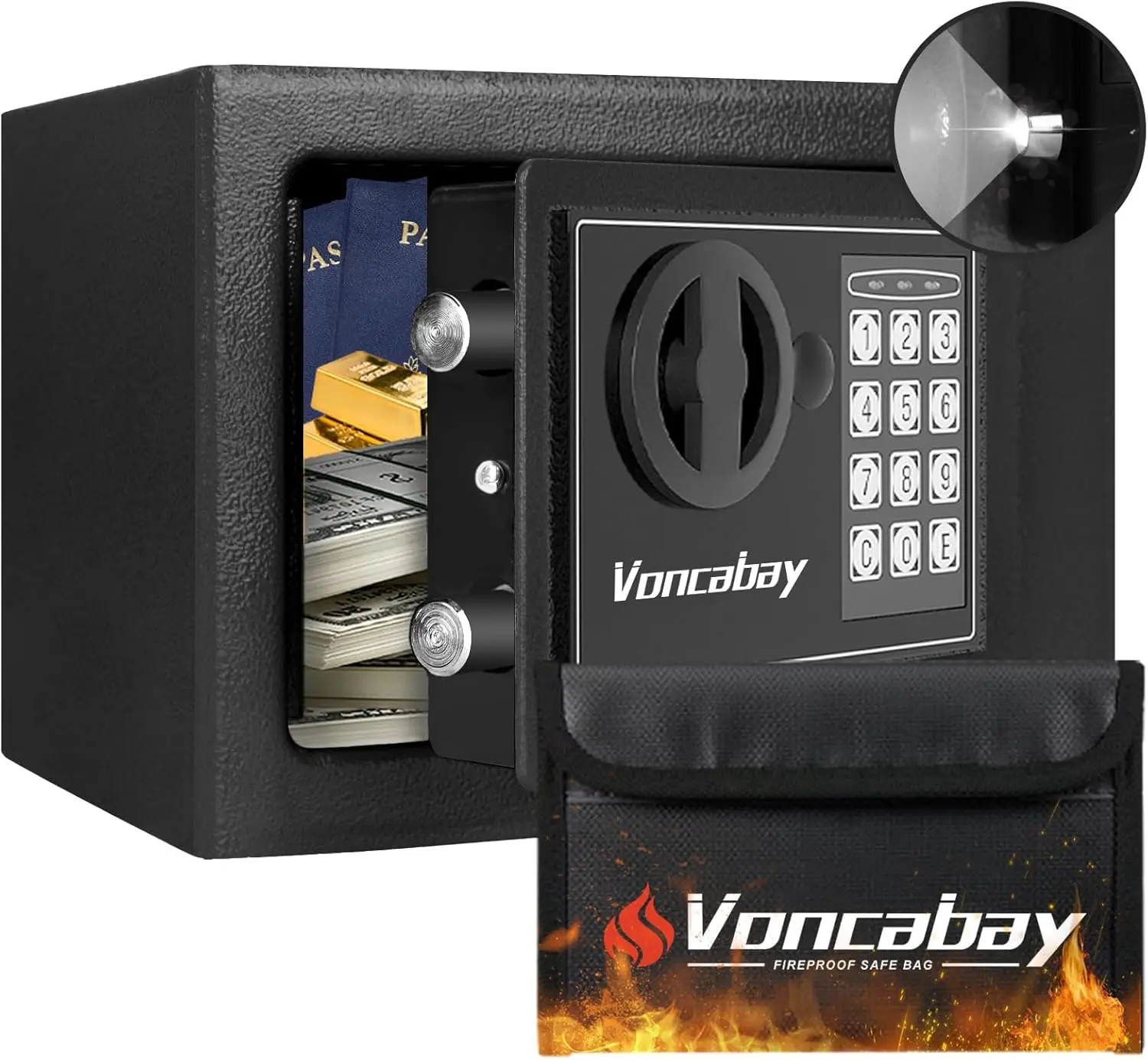 Small Safe Box with Sensor Light & Fireproof Bag - Digital Keypad, Keys & Pass Code Lock, 0.23 cu ft, Black