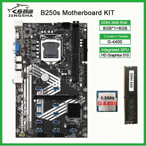 Placa base de minería B250S btc, B250S, PCIE, a USB3.0 16X, ranura 12GPU, LGA1151 con CPU G4400 y DDR4, 1 * GB = 8GB, 2666 ETH, Mobo minero