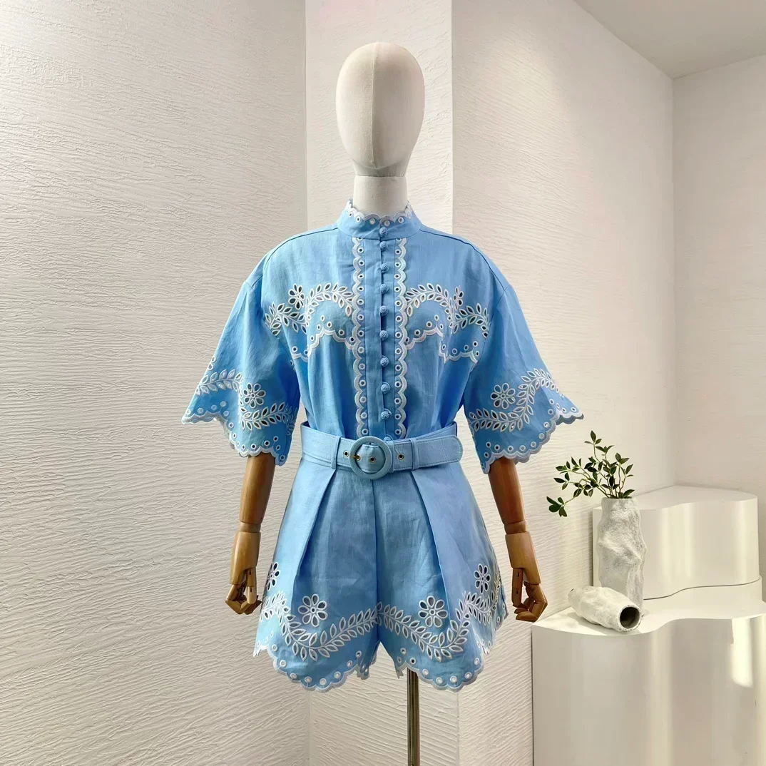 Blue Embroidery Hollow Out Half Sleeve Linen New High Quality Casual Blouse and Belted Shorts Women Holiday Set
Blue Embroidery Hollow Out Half Sleeve Linen New High Quality Casual Blouse and Belted Shorts Women Holiday Set