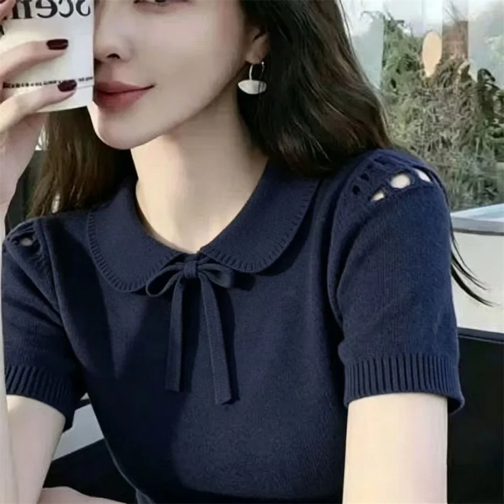 Sweet Bow Peter Pan Collar Lace-up Sweater Women Short Sleeve 2026 New Summer Autumn Fashion Female Knitted Sweater Top Pullover
Sweet Bow Peter Pan Collar Lace-up Sweater Women Short Sleeve 2026 New Summer Autumn Fashion Female Knitted Sweater Top Pullover