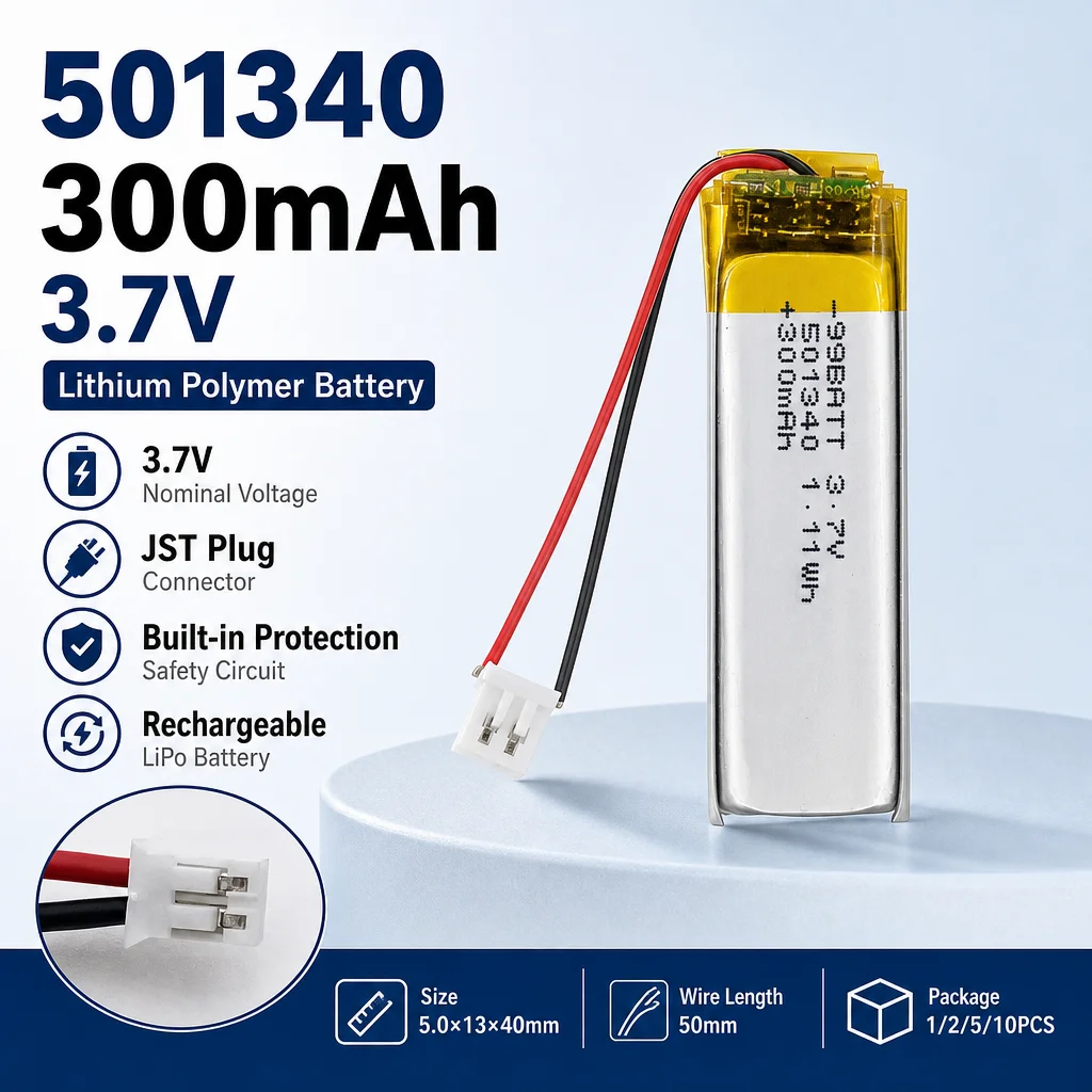 LiPo Battery 501340 501440 3.7V 300mAh Lithium Polymer Battery with Protection for TWS Bluetooth Headset Capacitive Pen
LiPo Battery 501340 501440 3.7V 300mAh Lithium Polymer Battery with Protection for TWS Bluetooth Headset Capacitive Pen