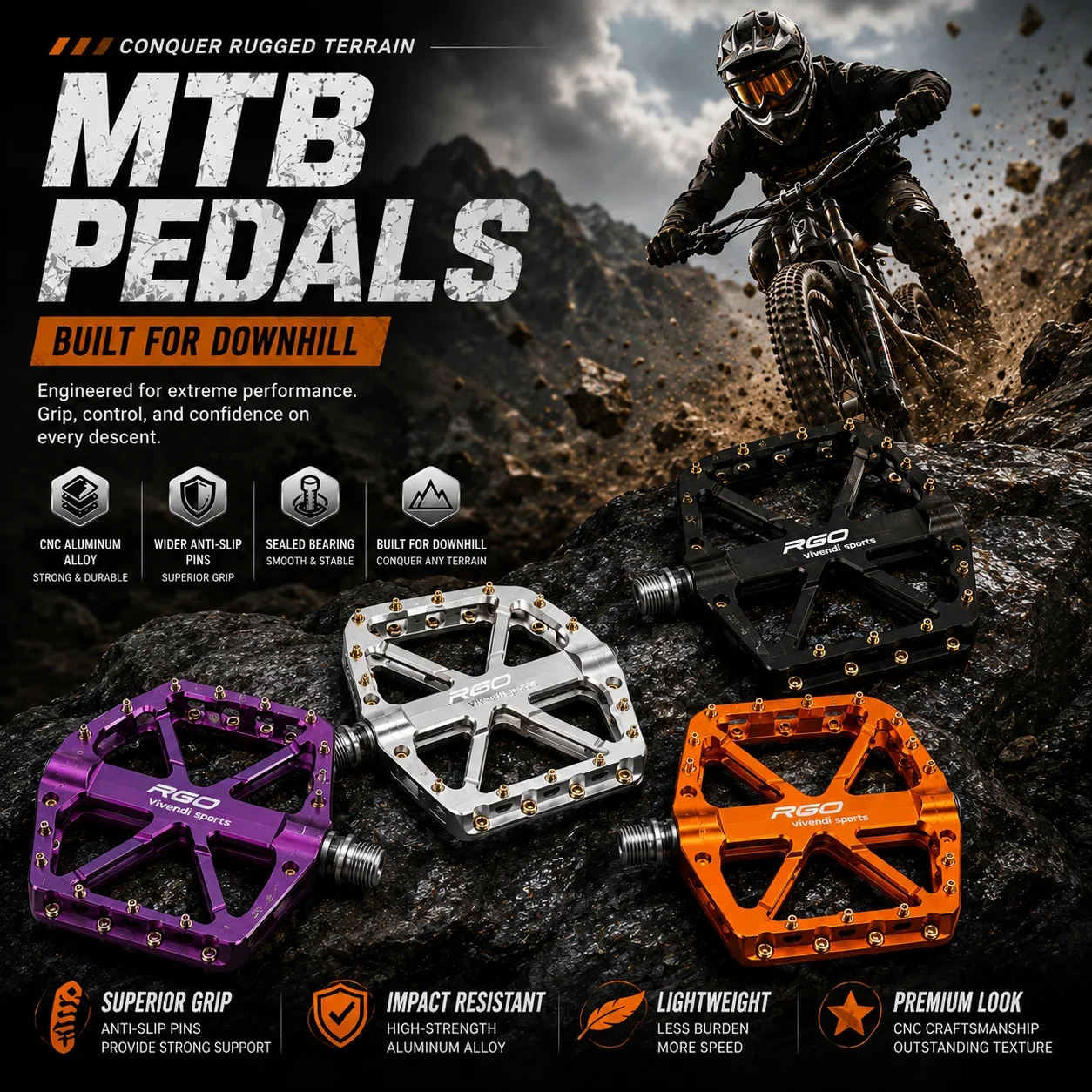 GOLDIX RGO XC12 Pedals Triple- Bearing CNC-Machined Anti Slip Aluminum Alloy Construction Suitable for Mountain and Road Bikes
GOLDIX RGO XC12 Pedals Triple- Bearing CNC-Machined Anti Slip Aluminum Alloy Construction Suitable for Mountain and Road Bikes