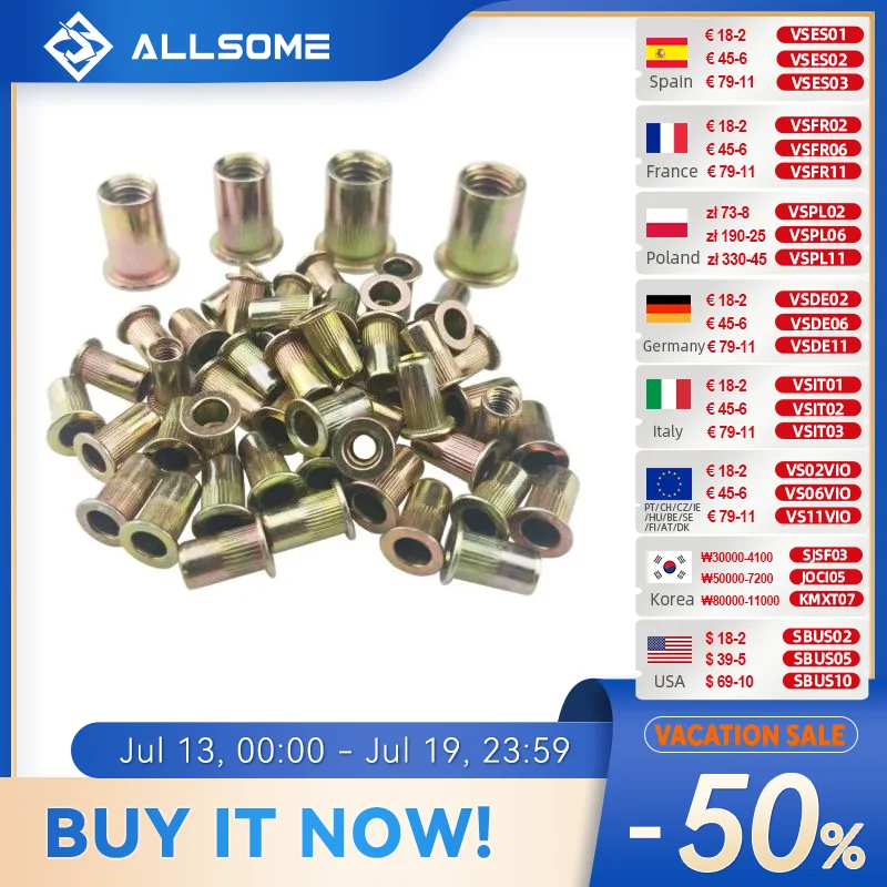 ALLSOME 300pcs M3 M4 M5 M6 M8 M10 Head Rivet Nuts Set Nuts Insert Reveting Multi Size Rivet Nuts Collocation with BOX HT2599
ALLSOME 300pcs M3 M4 M5 M6 M8 M10 Head Rivet Nuts Set Nuts Insert Reveting Multi Size Rivet Nuts Collocation with BOX HT2599