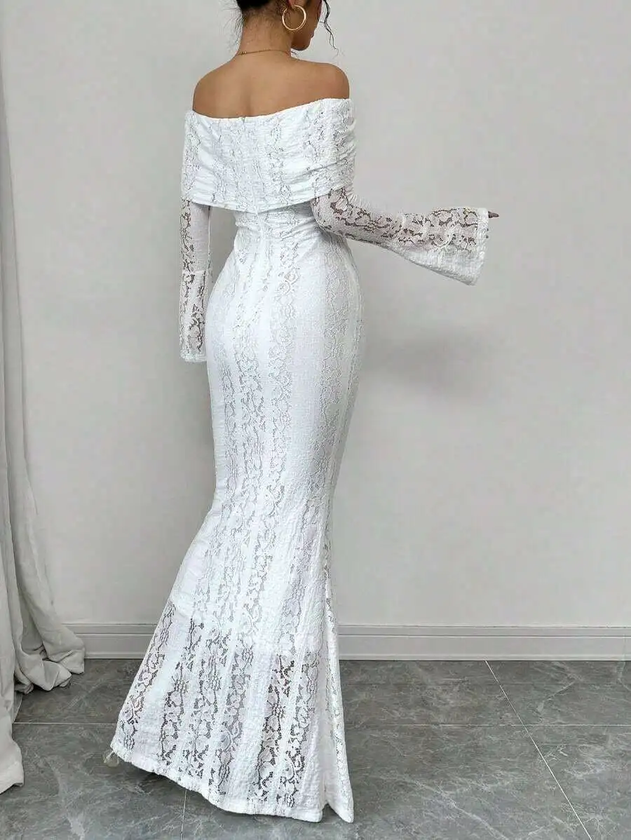 White Lace Off Shoulder Long Sleeve Mermaid Maxi Dress For Women
White Lace Off Shoulder Long Sleeve Mermaid Maxi Dress For Women