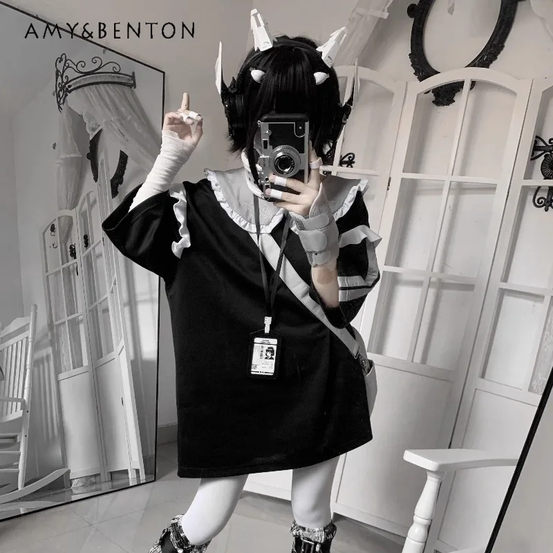 Harajuku Functional Style Subculture Cute Ruffle Edge Doll Collar Short Sleeve T-Shirt Goth Spice Girl Y2K Oversized T Shirt
Harajuku Functional Style Subculture Cute Ruffle Edge Doll Collar Short Sleeve T-Shirt Goth Spice Girl Y2K Oversized T Shirt