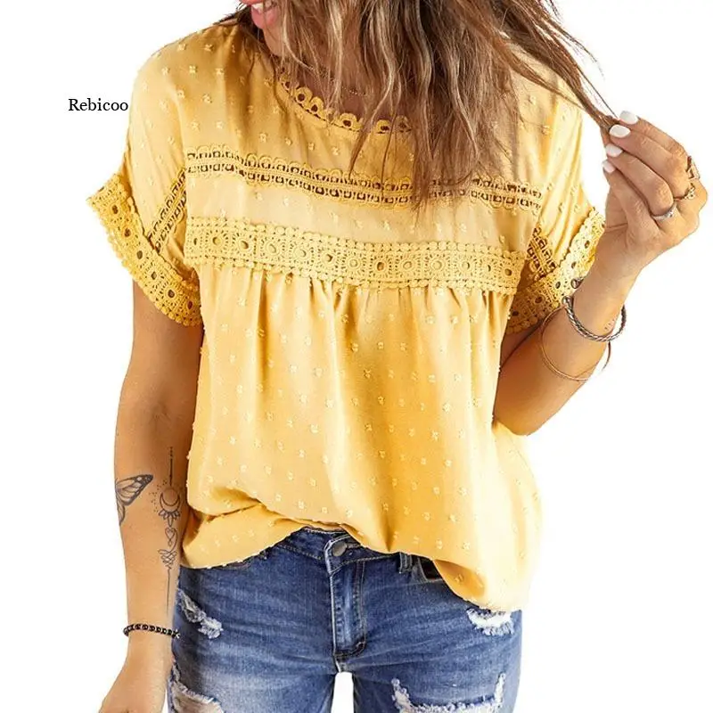 Lace Blouses Summer Short Sleeve Loose Solid Fashion Woman Blouses 2022 O-neck Casual Appliques Blouses and Shirts Top Female
Lace Blouses Summer Short Sleeve Loose Solid Fashion Woman Blouses 2022 O-neck Casual Appliques Blouses and Shirts Top Female