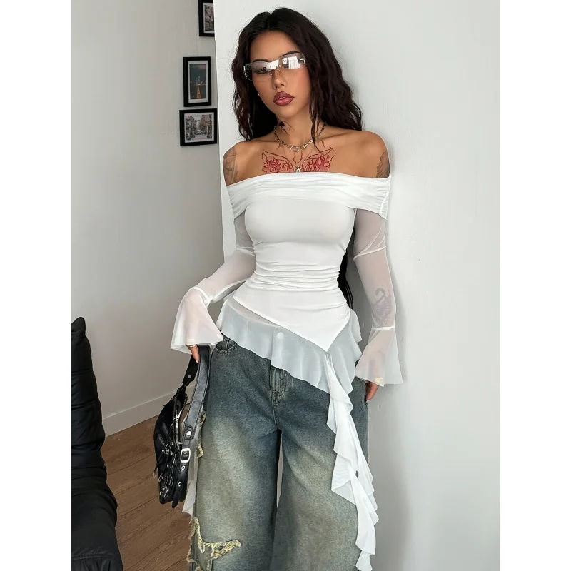 Women's Streetwear, Elegant Y2K Bohemian Style, Off-Shoulder Design with Ruffled Mesh Sleeves and Asymmetrical Satin Ribbon Hem
Women's Streetwear, Elegant Y2K Bohemian Style, Off-Shoulder Design with Ruffled Mesh Sleeves and Asymmetrical Satin Ribbon Hem
