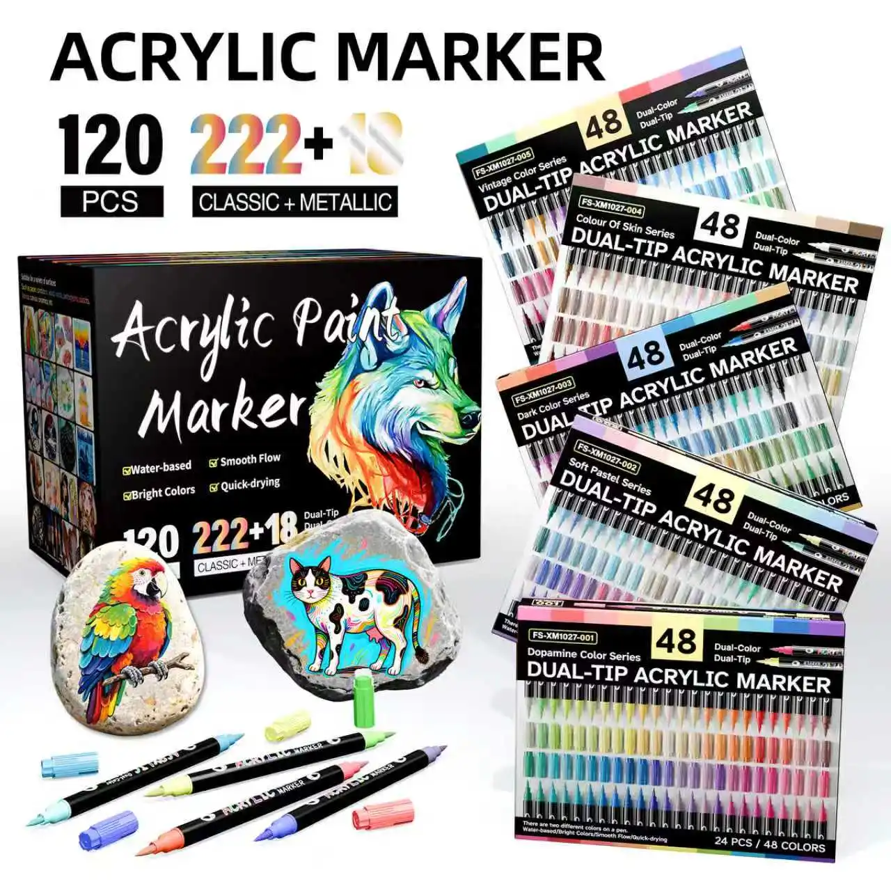 120-Piece 240-Color Dual-Tip Dual-Use Dual-Color Acrylic Paint Marker Set, Alcohol-Based Markers with Comprehensive Color Assortment, Suitable for Fabric Painting, DIY Crafts, and Back-To-School Supplies
120-Piece 240-Color Dual-Tip Dual-Use Dual-Color Acrylic Paint Marker Set, Alcohol-Based Markers with Comprehensive Color Assortment, Suitable for Fabric Painting, DIY Crafts, and Back-To-School Supplies