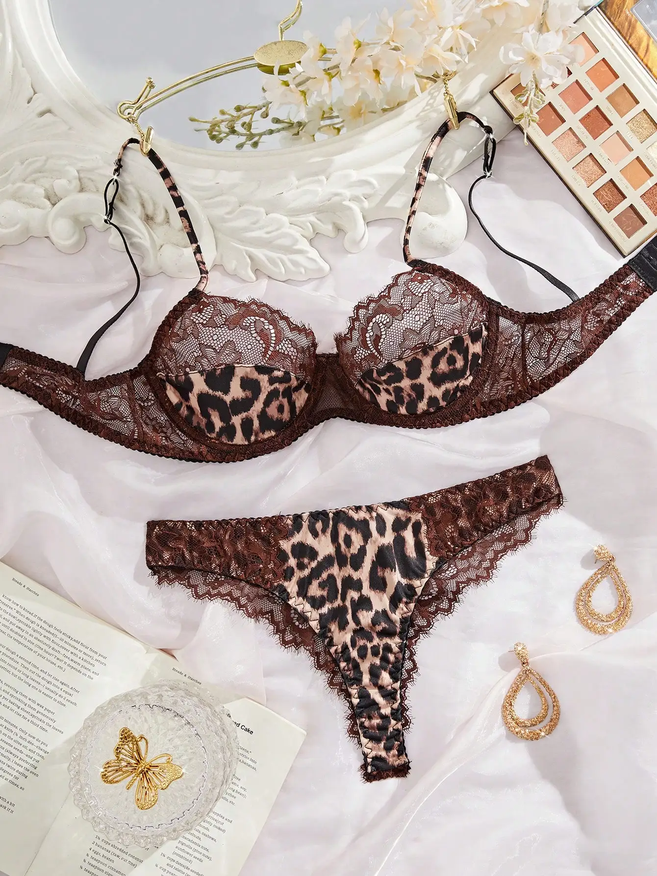 Brown Lace & Leopard Print Women's Lingerie Set with Sheer Detail
Brown Lace & Leopard Print Women's Lingerie Set with Sheer Detail
