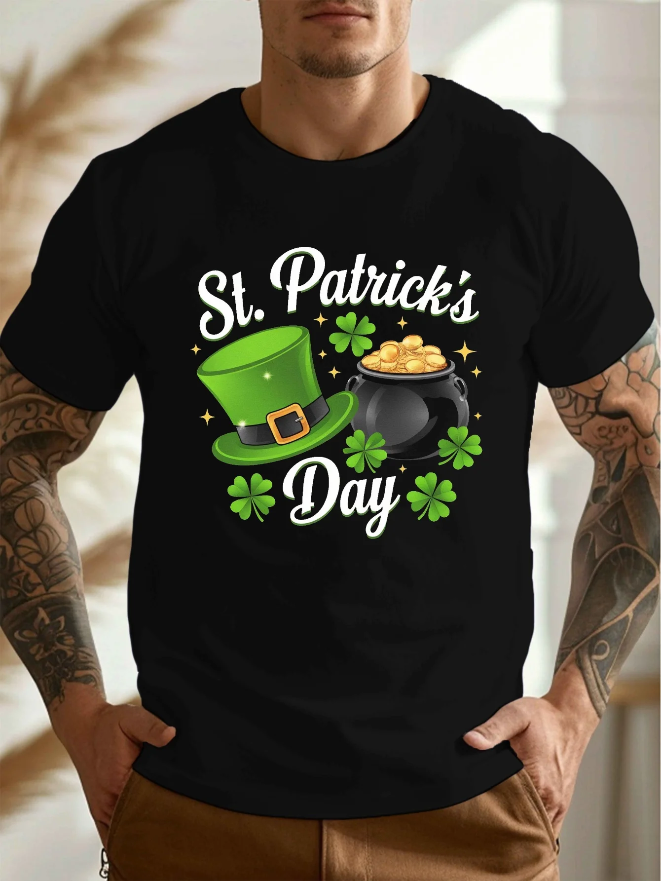 Men's St. Patrick's Day T-Shirt - Lightweight, Casual Fit, Black Crew Neck Short Sleeve with Leprechaun Hat & Shamrock Design
Men's St. Patrick's Day T-Shirt - Lightweight, Casual Fit, Black Crew Neck Short Sleeve with Leprechaun Hat & Shamrock Design
