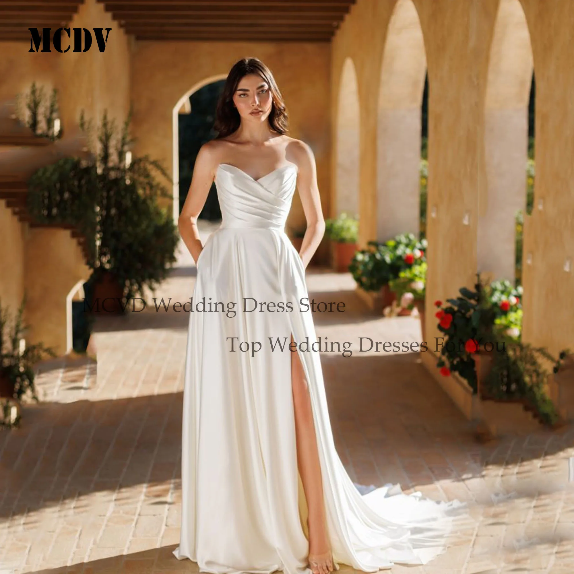 MCDV Satin Split A Line Wedding Dress With Pocket Strapless Pleat Bride Gowns Corset Off Shoulder Customized vestidos de novia
MCDV Satin Split A Line Wedding Dress With Pocket Strapless Pleat Bride Gowns Corset Off Shoulder Customized vestidos de novia