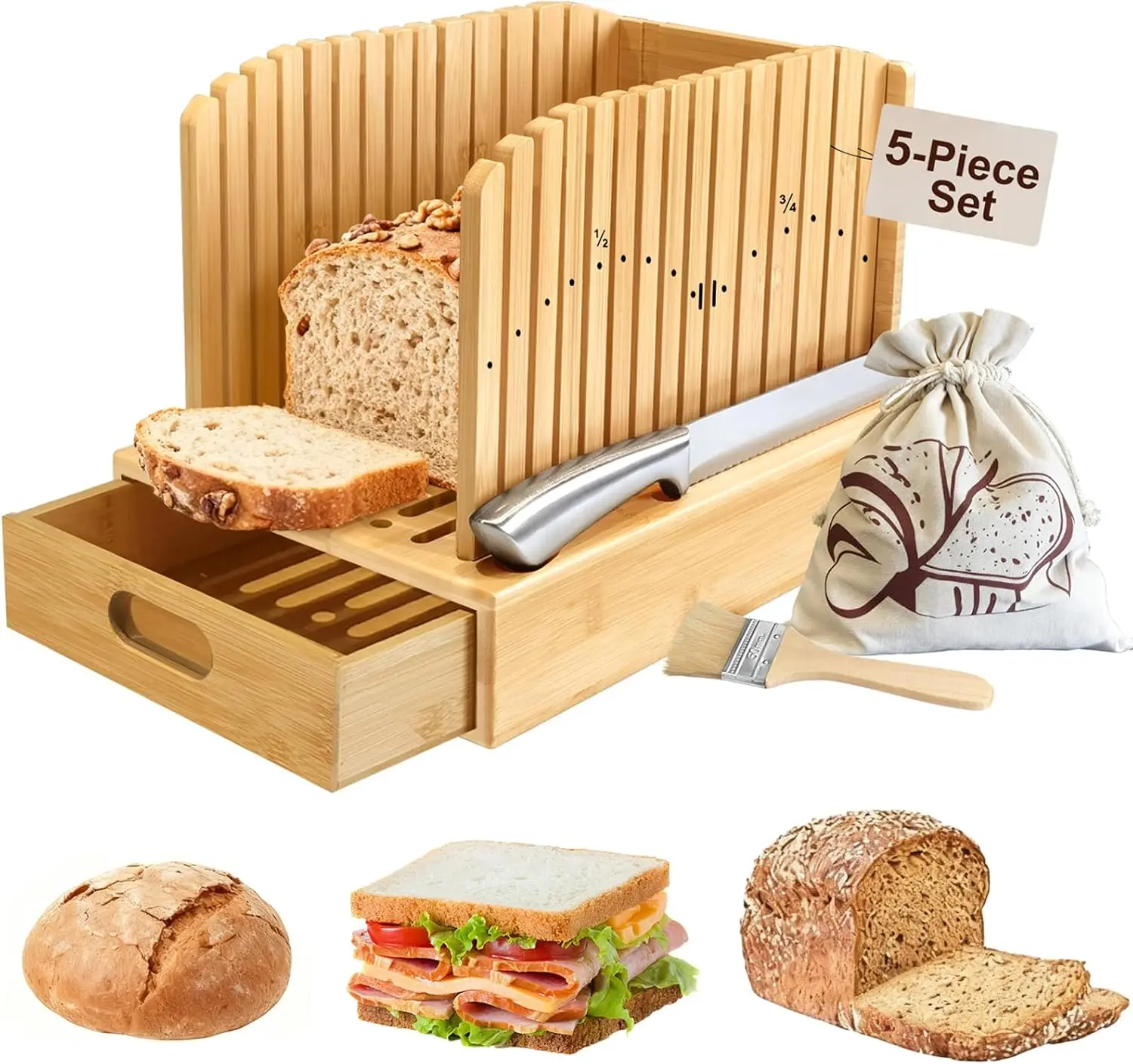 Набор бамбуковых хлеборез из 5 предметов с регулируемым направляющим, ножом, лотком и сумкой для домашнего хозяйства
Набор бамбуковых хлеборез из 5 предметов с регулируемым направляющим, ножом, лотком и сумкой для домашнего хозяйства