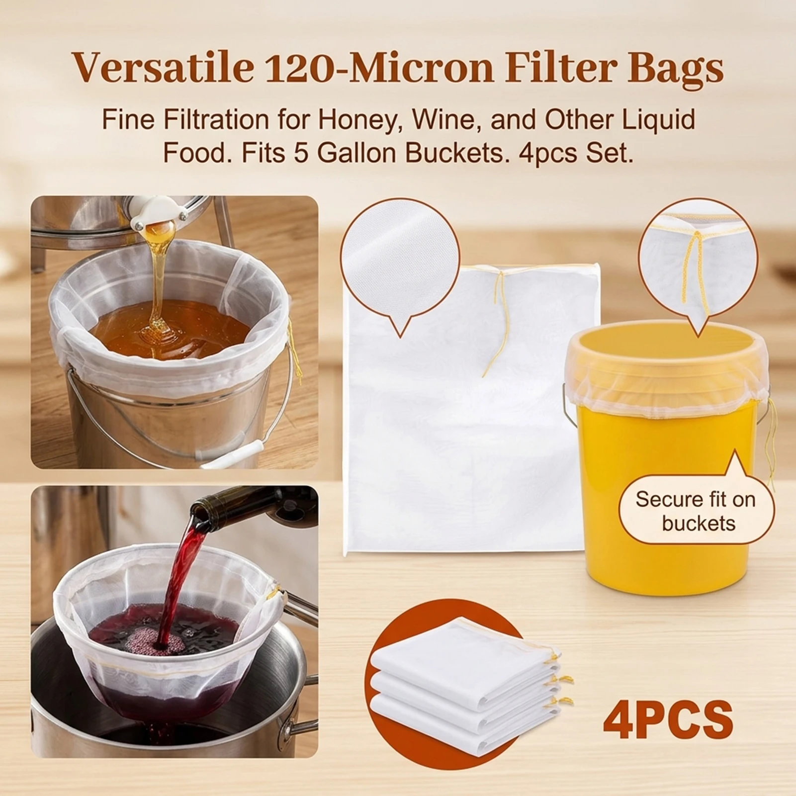 4-Pack Honey-Wine Straining Bags With Adjustable Drawstring For Home Brewing
4-Pack Honey-Wine Straining Bags With Adjustable Drawstring For Home Brewing