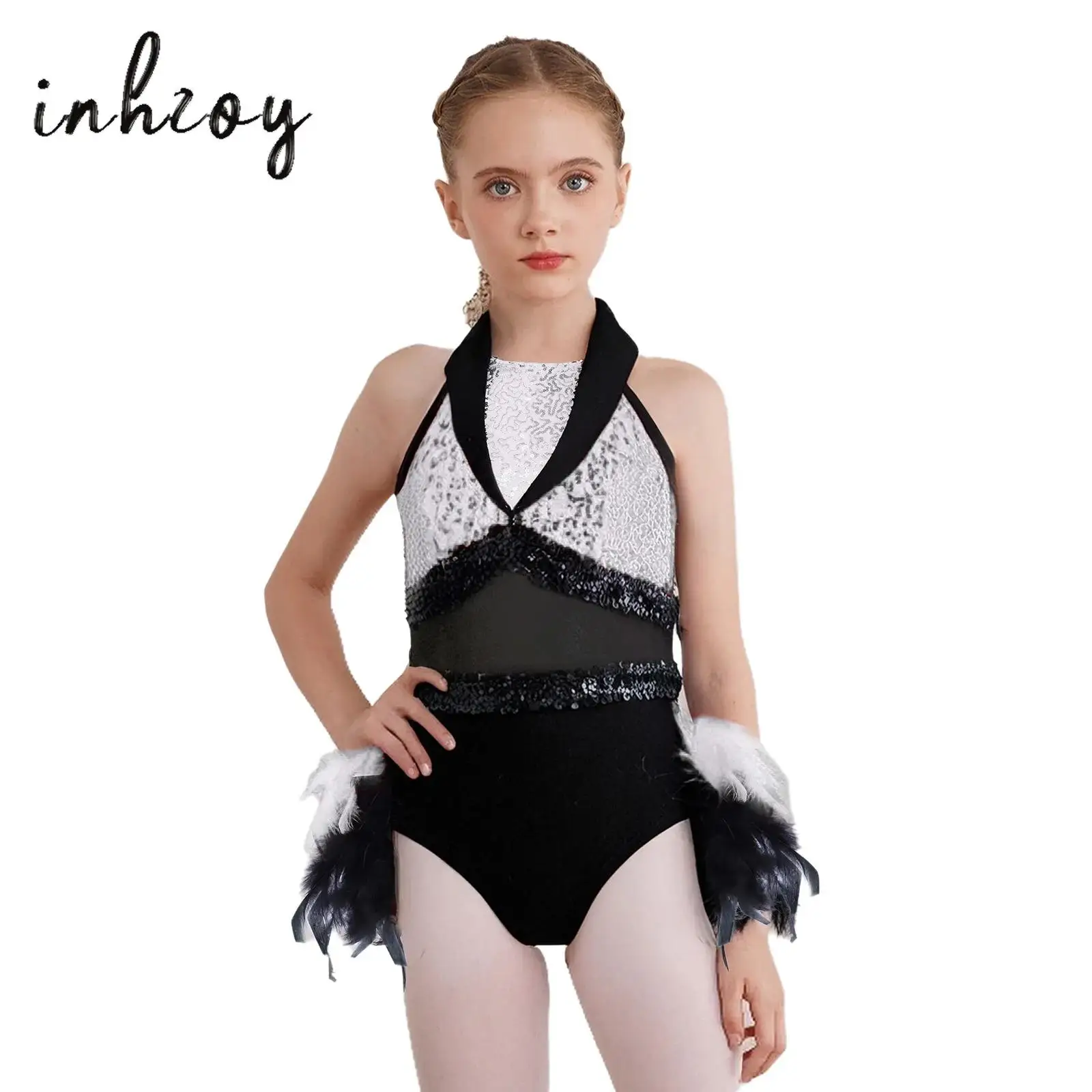 Kids Girls Sequins Feather Latin Jazz Dance Dress Turn-Down Collar Sleeveless Sheer Mesh Color Block Leotard Dresses Dancewear
Kids Girls Sequins Feather Latin Jazz Dance Dress Turn-Down Collar Sleeveless Sheer Mesh Color Block Leotard Dresses Dancewear