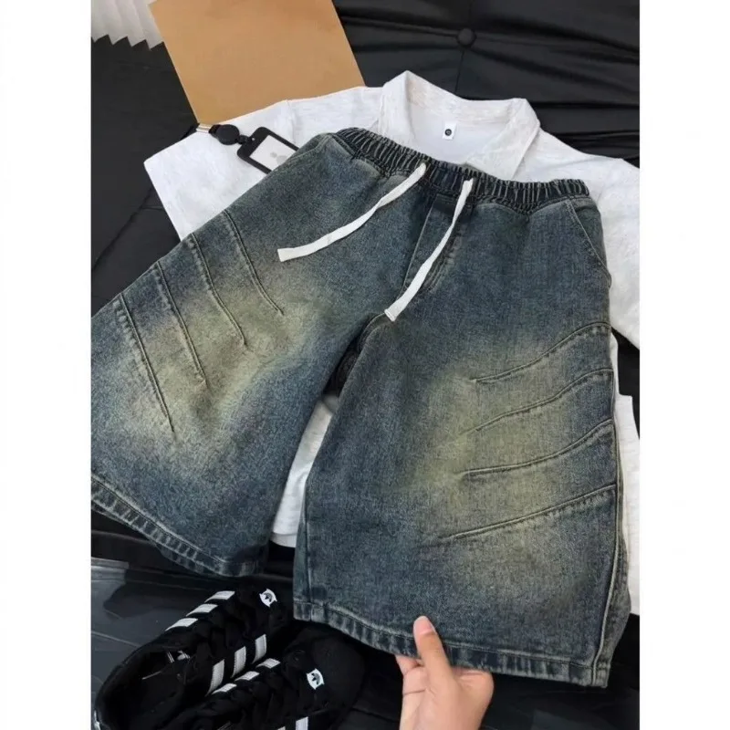 Mens Elastic Drawstring Waist Denim Shorts Washed Gradient Stitched Panel Loose Wide Leg Knee Length Casual Jean Shorts
Mens Elastic Drawstring Waist Denim Shorts Washed Gradient Stitched Panel Loose Wide Leg Knee Length Casual Jean Shorts