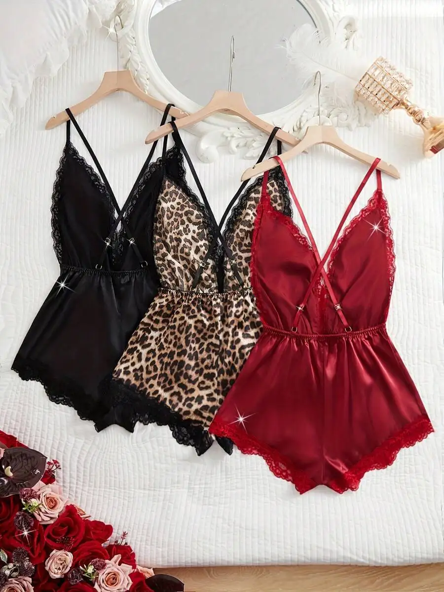 Deep V-Neck Crossover Bodysuit For Women Sexy Sleepwear Set 3pcs Solid Leopard Print
Deep V-Neck Crossover Bodysuit For Women Sexy Sleepwear Set 3pcs Solid Leopard Print