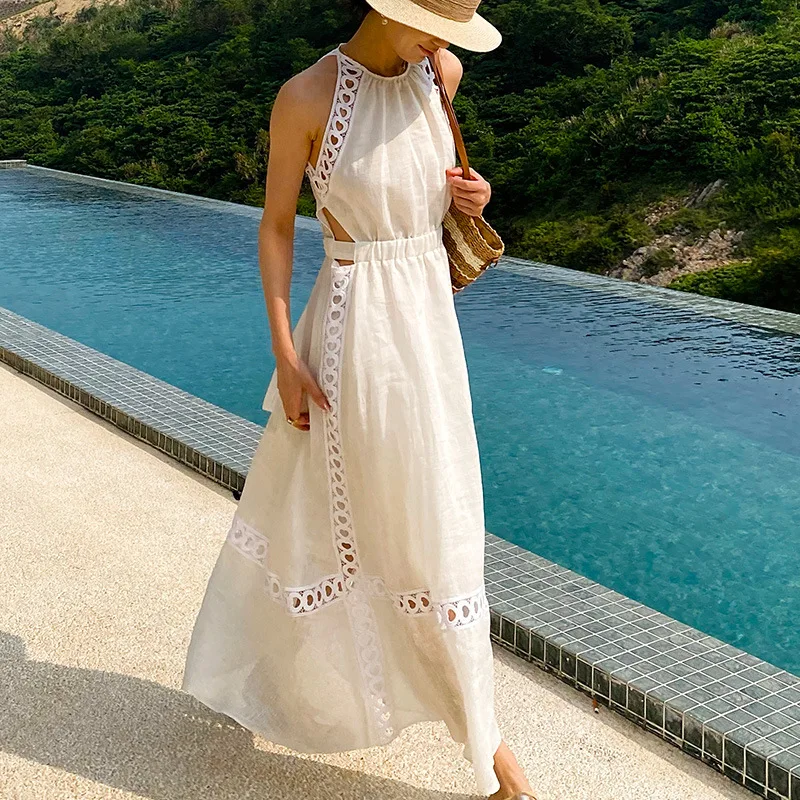 White Long Linen-blend Vacation Dress One Piece All-in-One Hollow Out Sleeveless High Waist Dress Summer Woman Clothing
White Long Linen-blend Vacation Dress One Piece All-in-One Hollow Out Sleeveless High Waist Dress Summer Woman Clothing