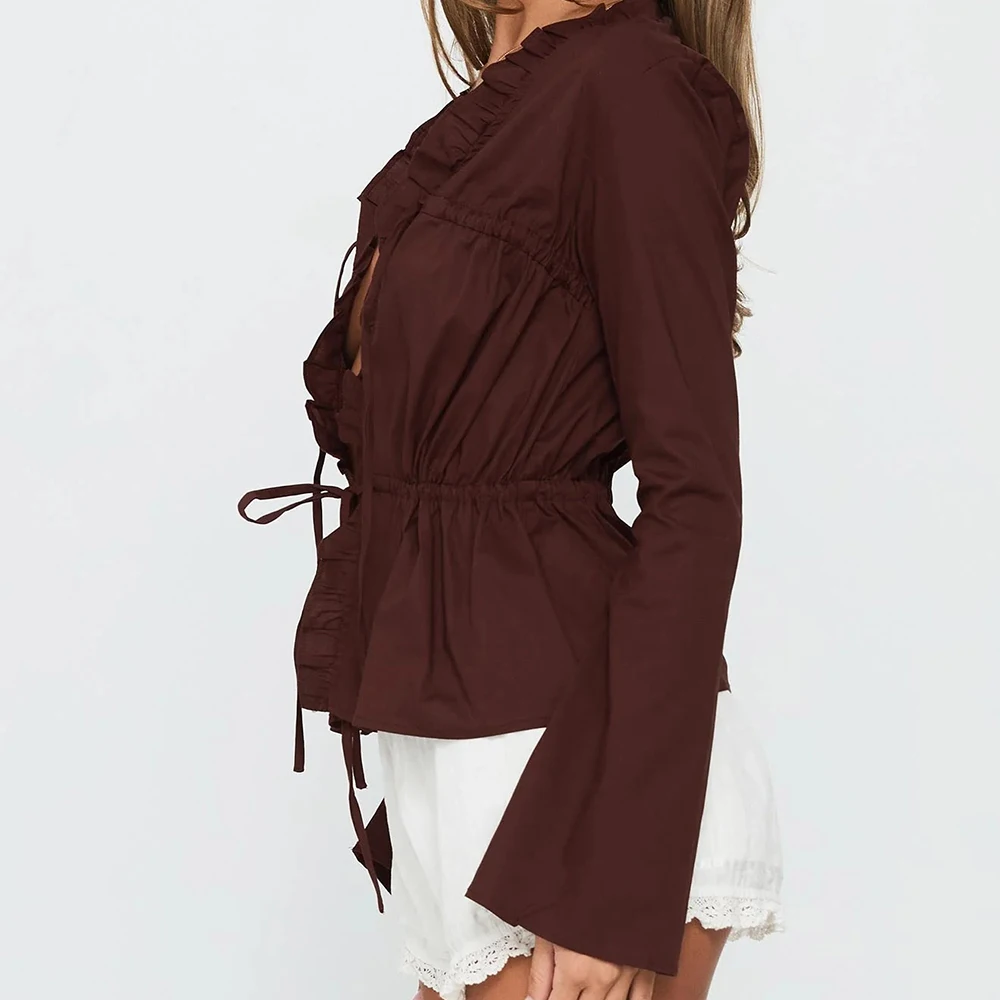 Женская весенне-осенняя винтажная эстетичная блузка с оборками, рубашки, элегантные блузки с длинным рукавом и v-образным вырезом на завязках спереди, женские шикарные топы
Женская весенне-осенняя винтажная эстетичная блузка с оборками, рубашки, элегантные блузки с длинным рукавом и v-образным вырезом на завязках спереди, женские шикарные топы