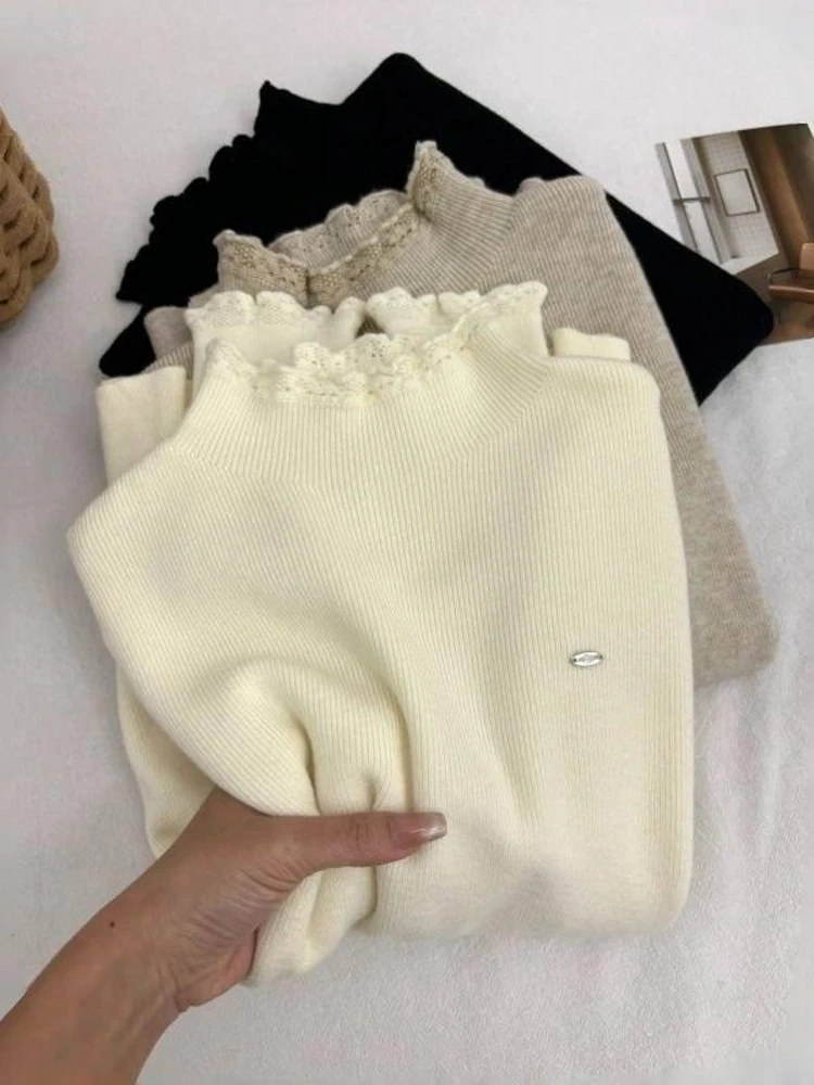 Korean Style Half High Collar Slim Fit Lace Trim Knitwear Long Sleeve Spring Pure Color Elegant Inner Match Top Women's Fashion
Korean Style Half High Collar Slim Fit Lace Trim Knitwear Long Sleeve Spring Pure Color Elegant Inner Match Top Women's Fashion