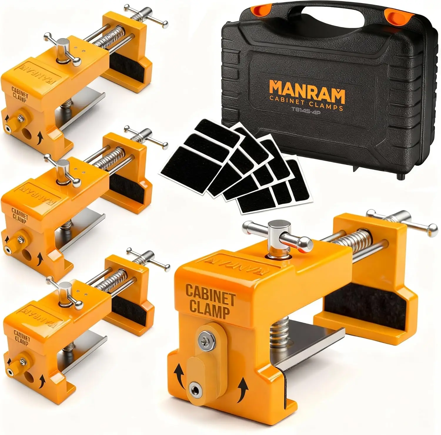 Cabinet Clamps 4 Pack with Case, Cast Steel, Drill Guide, EVA Pads for Installation & Woodworking
Cabinet Clamps 4 Pack with Case, Cast Steel, Drill Guide, EVA Pads for Installation & Woodworking
