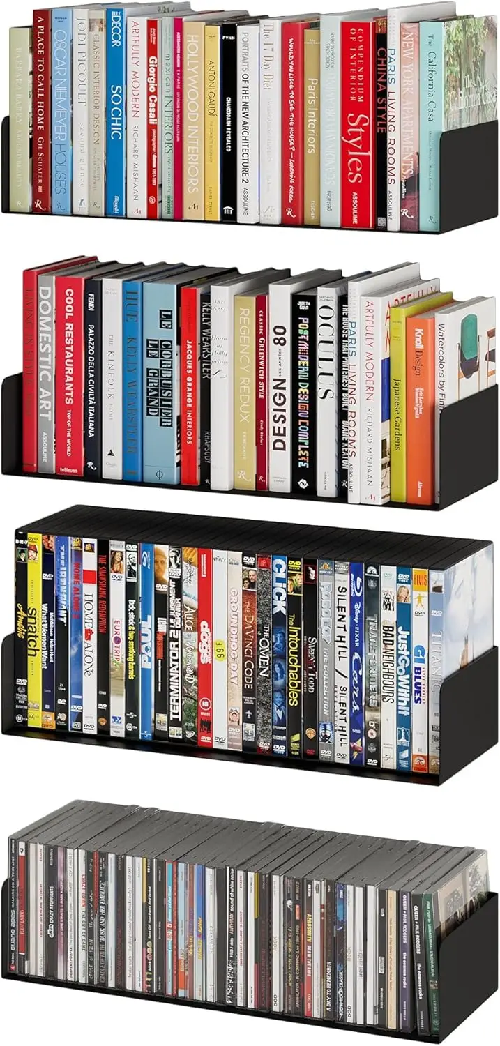 Set of 4 Floating Shelves for Wall, Black Metal Bookshelf with CD DVD Storage - Modern Home Decor
Set of 4 Floating Shelves for Wall, Black Metal Bookshelf with CD DVD Storage - Modern Home Decor