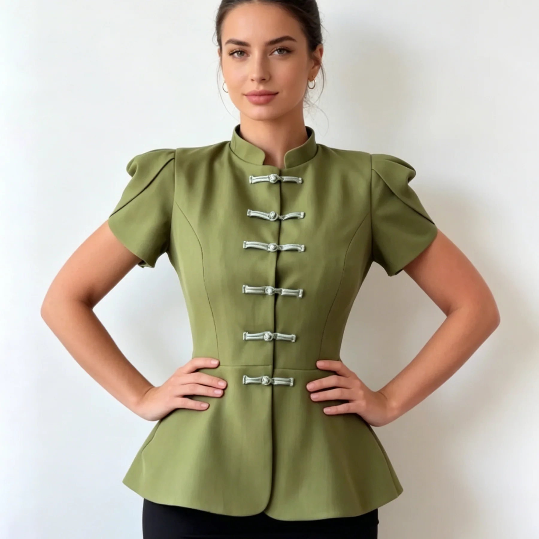 PUAL Chinese Frog Button Peplum Blouse, Stand Collar Puff Short Sleeve Slim Fit Vintage Formal Top, Elegant Office Wear
PUAL Chinese Frog Button Peplum Blouse, Stand Collar Puff Short Sleeve Slim Fit Vintage Formal Top, Elegant Office Wear