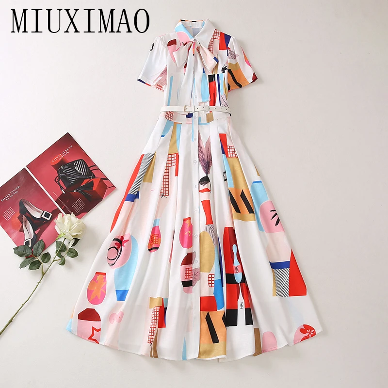 MIUXIMAO 2023 High Quality Spring&Summer Elegant Dress Short Sleeve Lapel Bow Single breasted Fashion Long Dress Women Vestide
MIUXIMAO 2023 High Quality Spring&Summer Elegant Dress Short Sleeve Lapel Bow Single breasted Fashion Long Dress Women Vestide