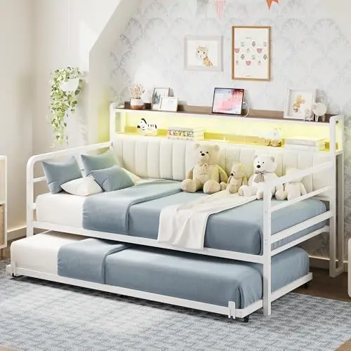 Daybed with Trundle LED Lights and Charging Station Full Size Daybed with 2 Tier Storage Shelves and Upholstered Headboard White
Daybed with Trundle LED Lights and Charging Station Full Size Daybed with 2 Tier Storage Shelves and Upholstered Headboard White