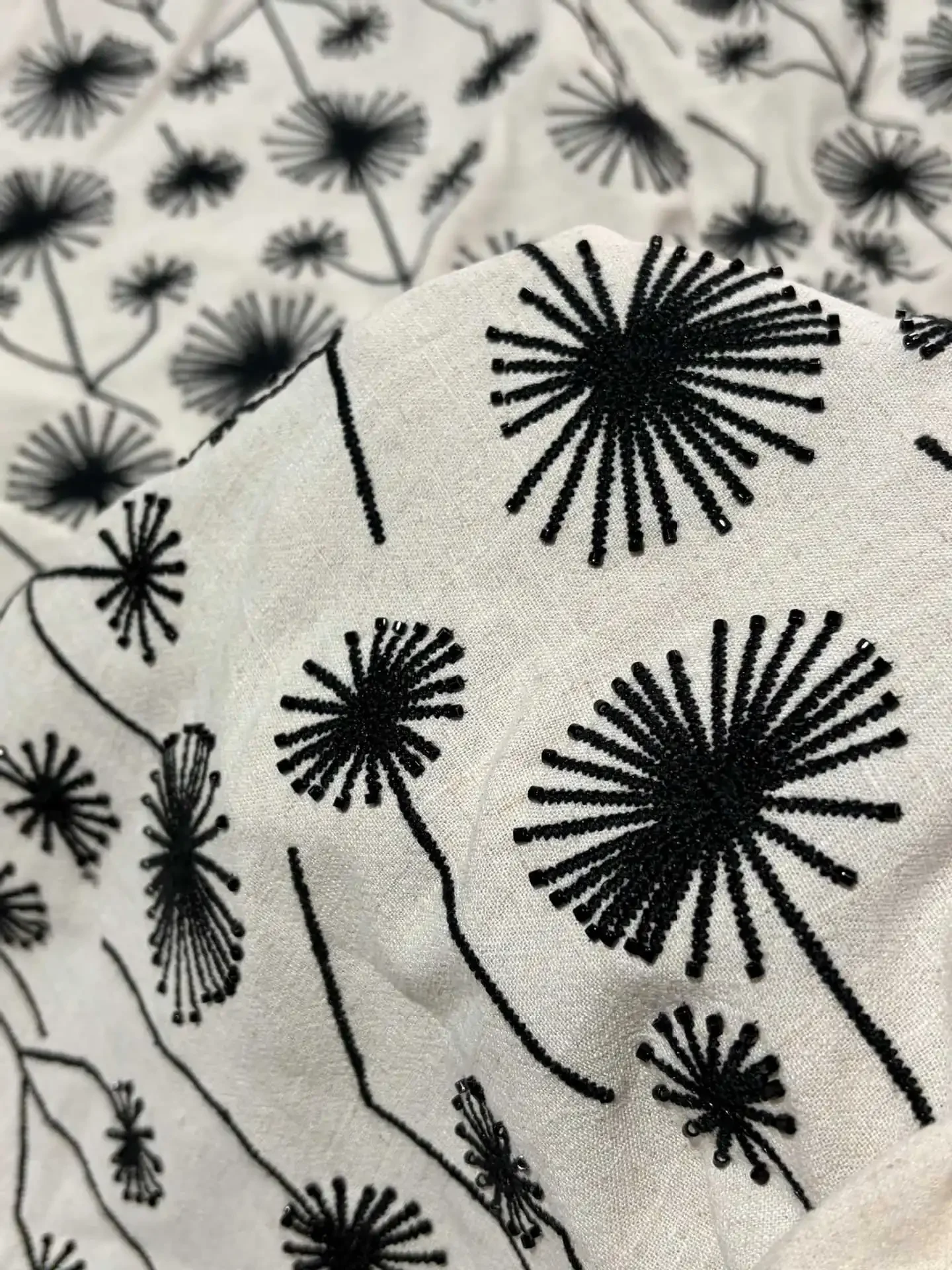 Heavy-duty black bead tube embroidered on linen fabric for vests, jackets, men's and women's clothing embroidery fabric
Heavy-duty black bead tube embroidered on linen fabric for vests, jackets, men's and women's clothing embroidery fabric