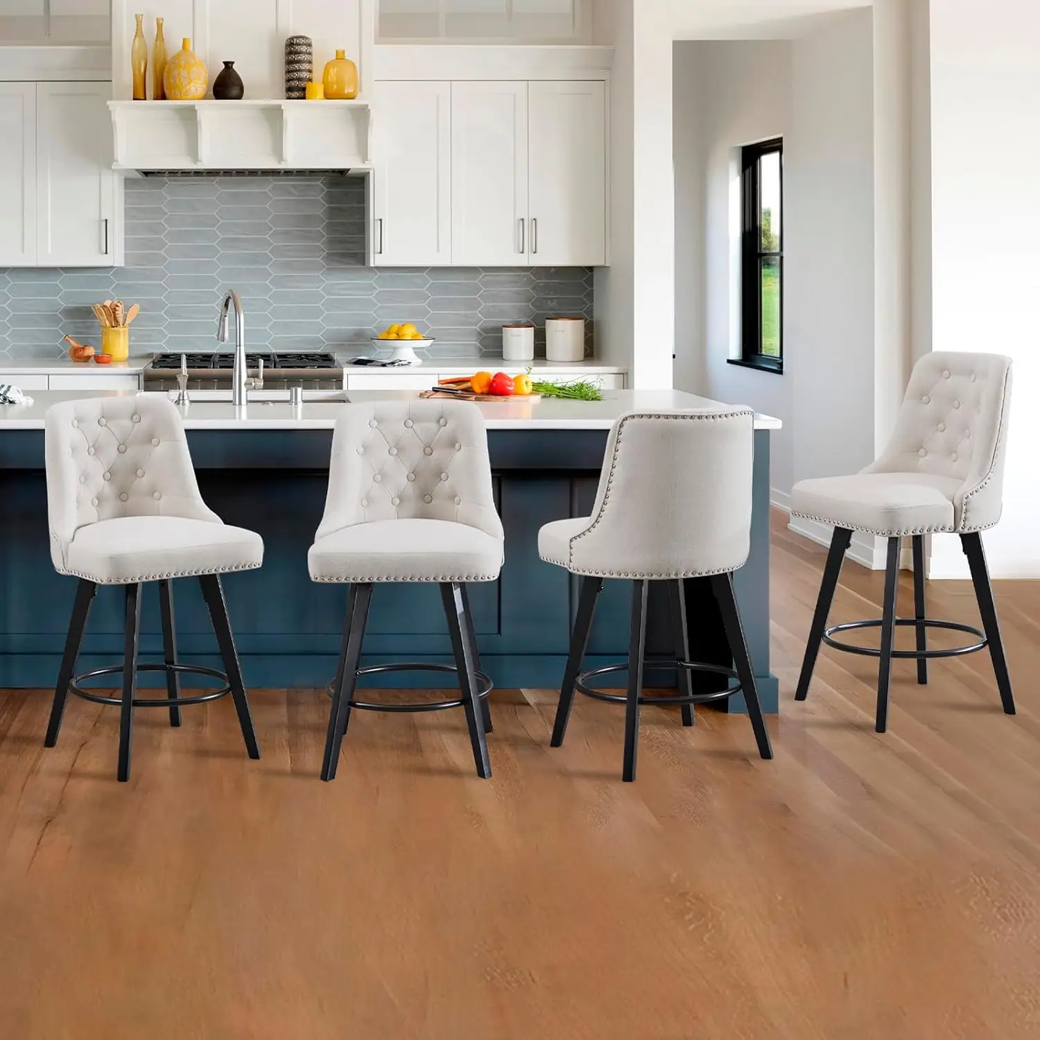 Modern Upholstered Swivel Bar Stool 26in Linen Fabric Solid Wood Legs Kitchen Island Counter Cream, Customized
Modern Upholstered Swivel Bar Stool 26in Linen Fabric Solid Wood Legs Kitchen Island Counter Cream, Customized