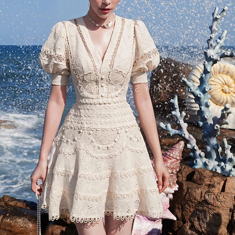 Women's Runway Fashion Spring Summer V Neck Lace Dress Female High Waist Chic Party A-line Dress TB1691
Women's Runway Fashion Spring Summer V Neck Lace Dress Female High Waist Chic Party A-line Dress TB1691