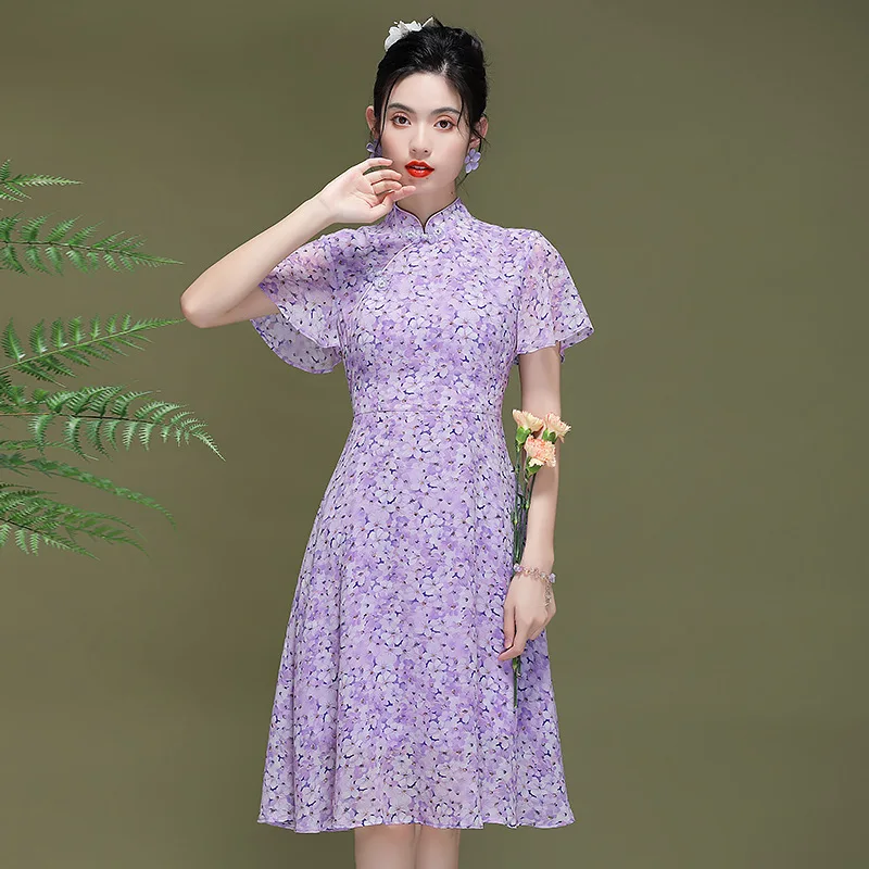 Summer Purple Dress Women Vintage Chinese Style Young Girl Stand Collar Short Sleeve Slim Improved Cheongsam
Summer Purple Dress Women Vintage Chinese Style Young Girl Stand Collar Short Sleeve Slim Improved Cheongsam