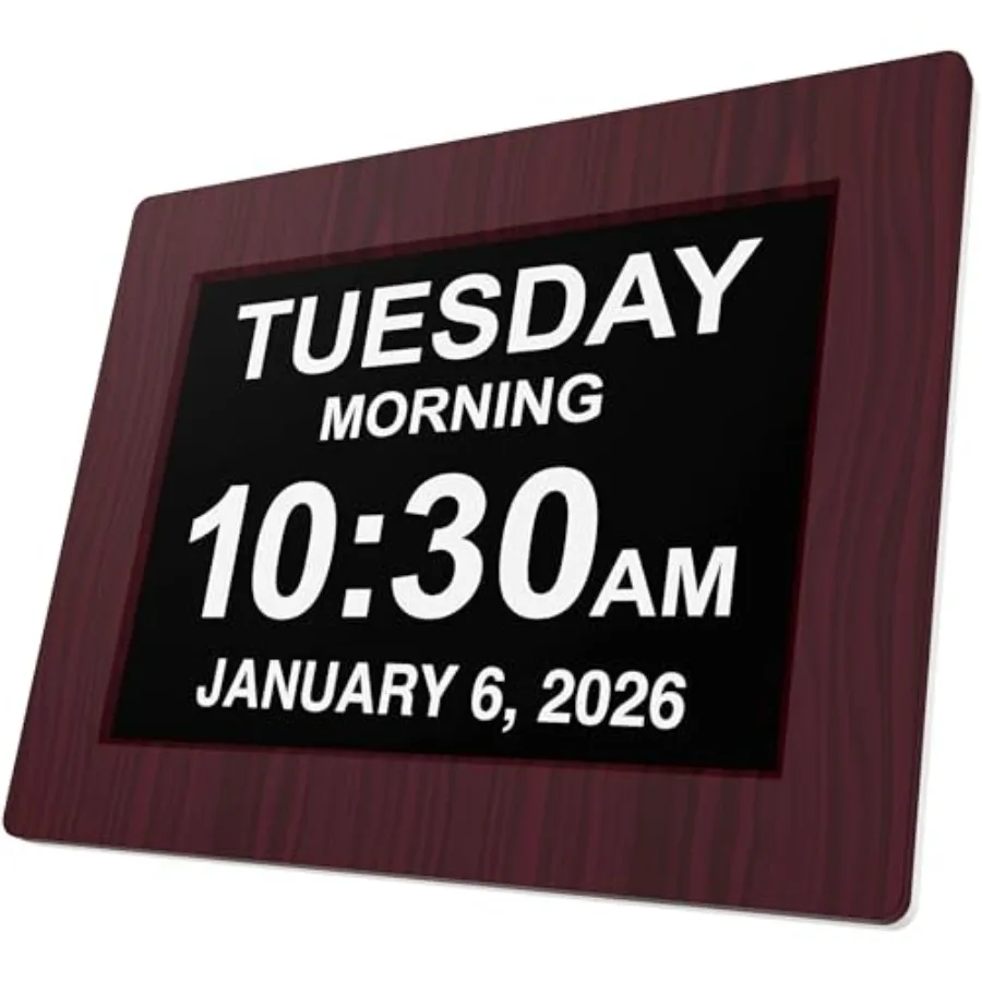 Day Clock for impaired vision: extra-large digital display, battery backup, 5 alarms, premium mahogany color, 8 inch
Day Clock for impaired vision: extra-large digital display, battery backup, 5 alarms, premium mahogany color, 8 inch