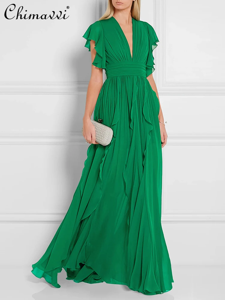 High-end Light Luxury Green Dress Women's Summer New Sexy V-neck Elegant Ruffle Edge Gown Dress High Waist Elegant Long Dresses
High-end Light Luxury Green Dress Women's Summer New Sexy V-neck Elegant Ruffle Edge Gown Dress High Waist Elegant Long Dresses