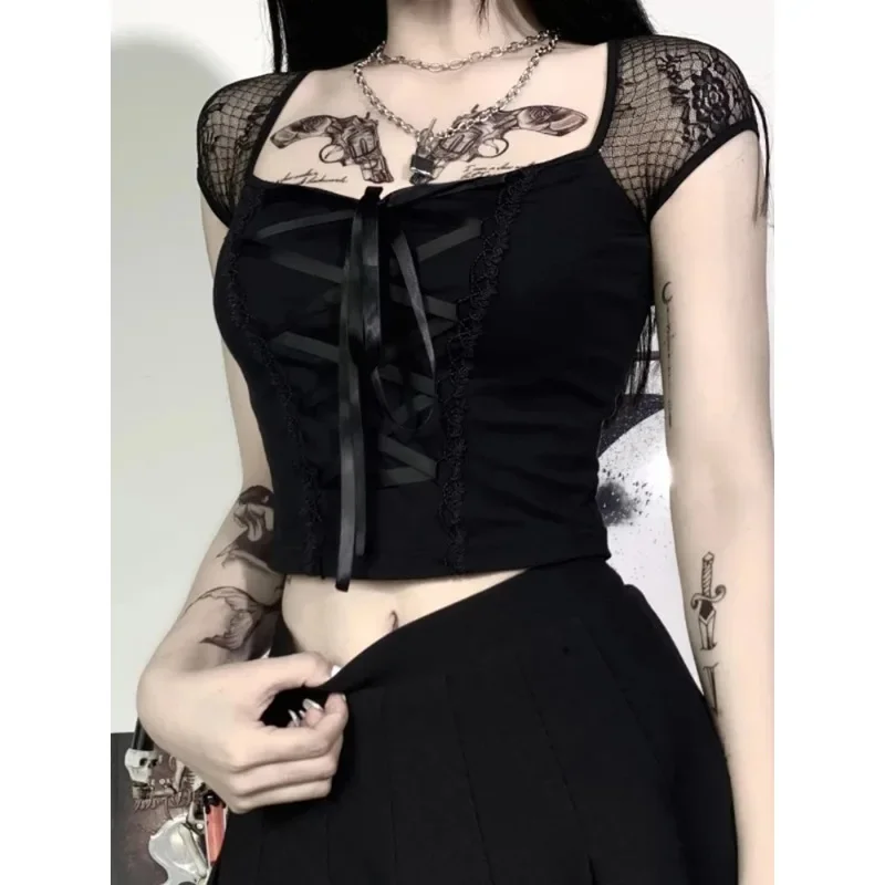 Sexy Tops Goth T Shirt Women Bodycon Bandage Lace Black T Shirts Gothic Streetwear Sexy Female Top Casual Mesh Tee
Sexy Tops Goth T Shirt Women Bodycon Bandage Lace Black T Shirts Gothic Streetwear Sexy Female Top Casual Mesh Tee