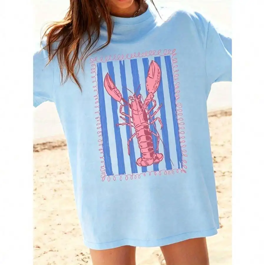 Womens Oversized Graphic T-Shirt With Pink Lobster And Blue Stripes Summer Casual Top
Womens Oversized Graphic T-Shirt With Pink Lobster And Blue Stripes Summer Casual Top