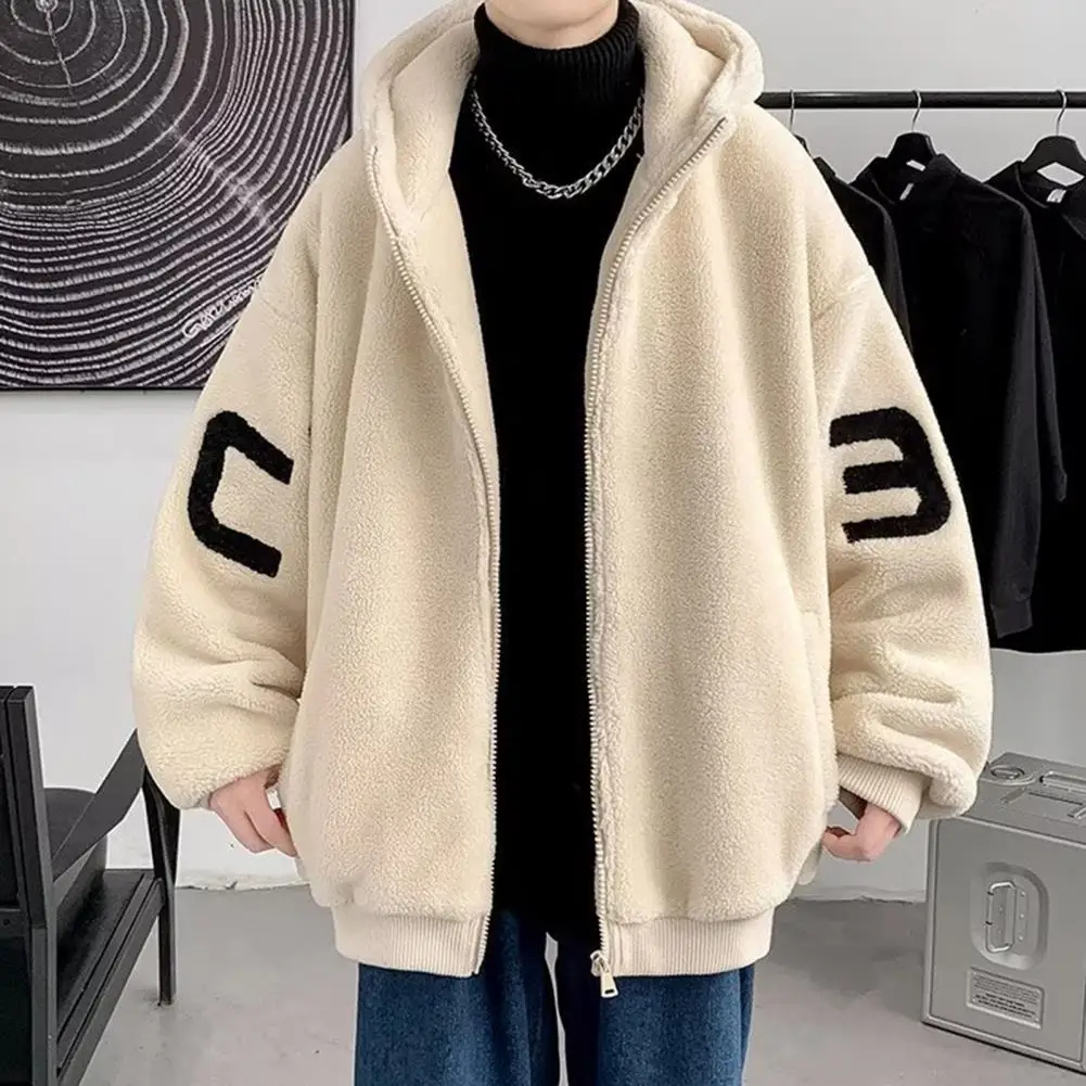 Fall Winter Men Coat Thickened Velvet Zipper Closure Hooded Jacket Solid Color Letter Decor Mid Length Elastic Cuff Outerwear
Fall Winter Men Coat Thickened Velvet Zipper Closure Hooded Jacket Solid Color Letter Decor Mid Length Elastic Cuff Outerwear