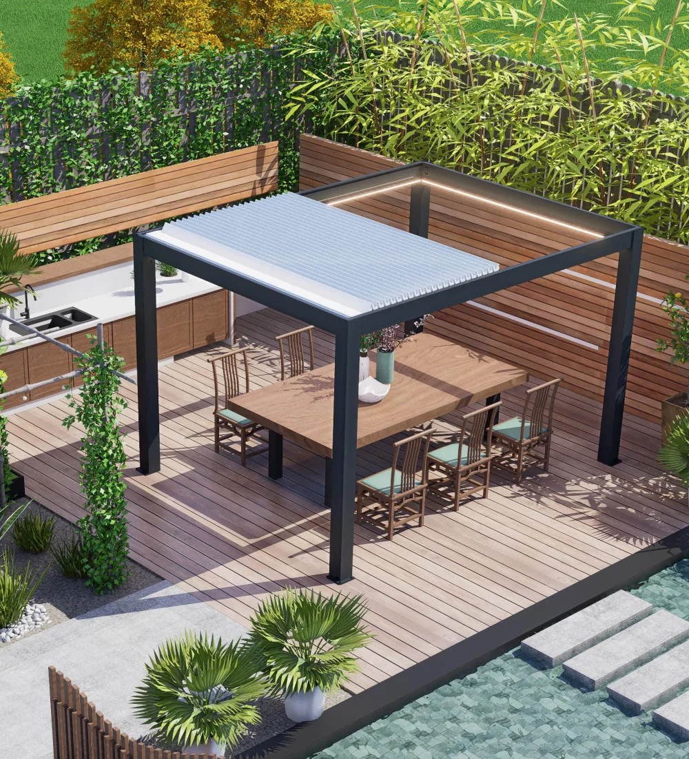 Customized Manual Motorized Gazebo with LED Light Louvered Roof Sun Shade Bioclimatic Modern Garden Aluminum Retractable Pergola 
Customized Manual Motorized Gazebo with LED Light Louvered Roof Sun Shade Bioclimatic Modern Garden Aluminum Retractable Pergola