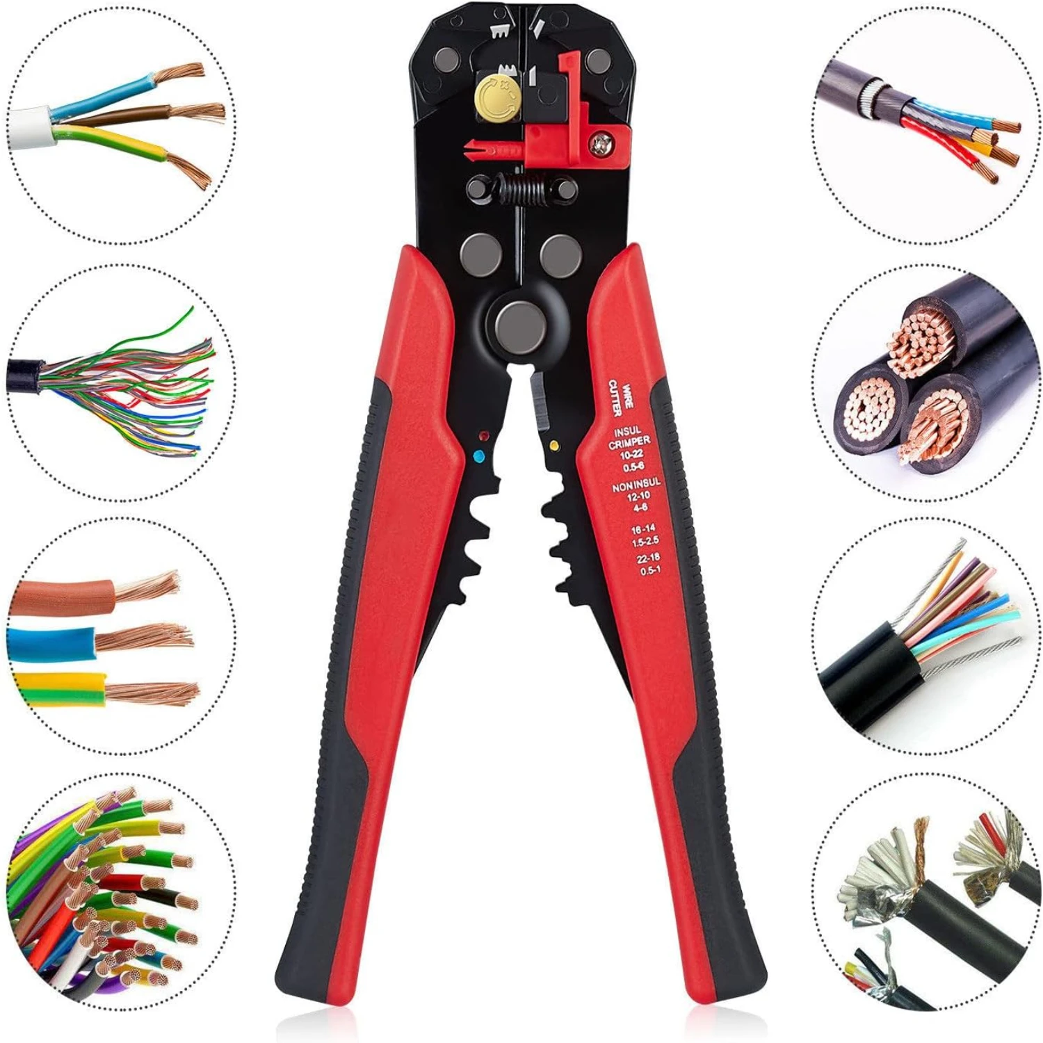 5 in 1 Self-Adjusting Wire Stripper Cutter and Crimper Tool for 10-24 AWG Wires (0.2-6.0mm²) - Red Color
5 in 1 Self-Adjusting Wire Stripper Cutter and Crimper Tool for 10-24 AWG Wires (0.2-6.0mm²) - Red Color