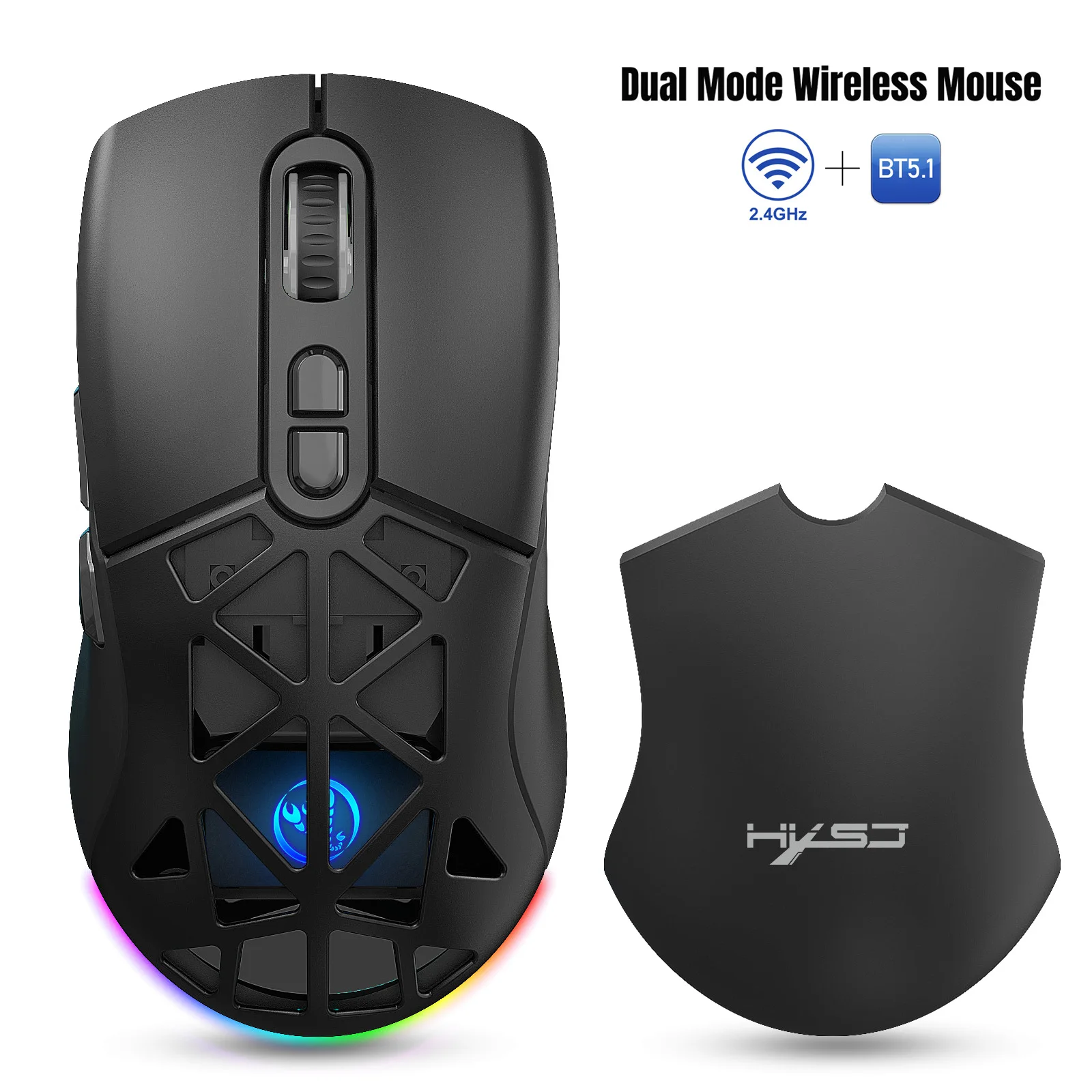 New dual-mode 2.4g Bluetooth wireless mouse with RGB backlight 4800dpi and built-in 650mAh rechargeable battery
New dual-mode 2.4g Bluetooth wireless mouse with RGB backlight 4800dpi and built-in 650mAh rechargeable battery