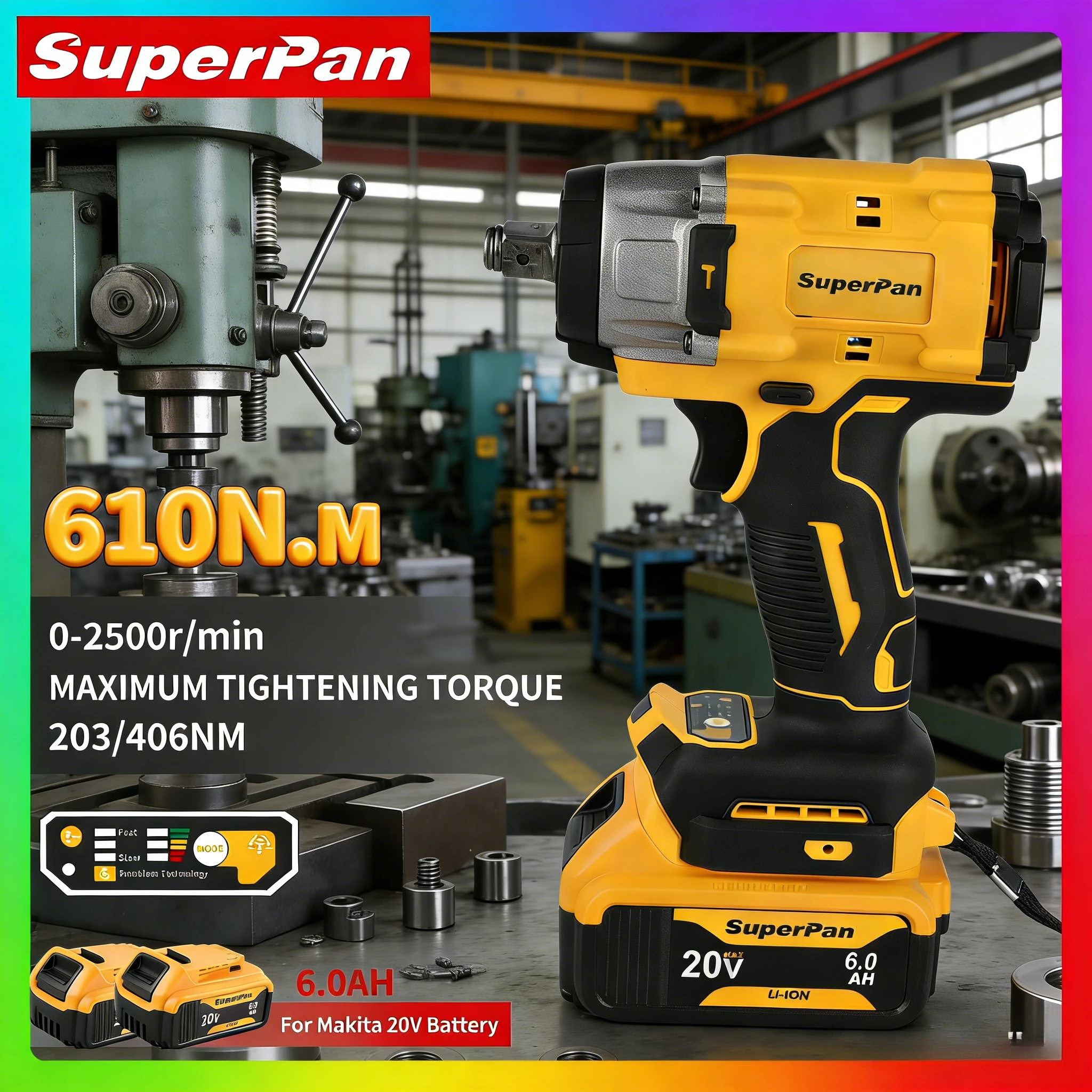 SuperPan SP922 Impact Wrench 1/2'' Heavy Duty Professional For Mechanic Workshop Power Tool for dewalt 20V battery pin
SuperPan SP922 Impact Wrench 1/2'' Heavy Duty Professional For Mechanic Workshop Power Tool for dewalt 20V battery pin