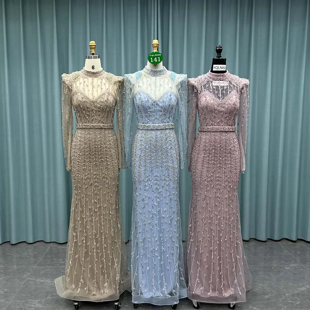 YQLNNE 0141 Скромные вечерние платья с высоким воротником и розовым жемчугом из бисера и длинными рукавами
YQLNNE 0141 Скромные вечерние платья с высоким воротником и розовым жемчугом из бисера и длинными рукавами