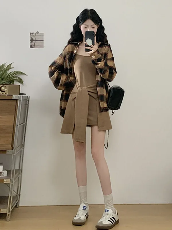 Lazy Style Plaid Long Sleeve Shirt Jacket Women's High Waist Loose Dress Two Piece Set Autumn Fashion Casual Wear for Adults
Lazy Style Plaid Long Sleeve Shirt Jacket Women's High Waist Loose Dress Two Piece Set Autumn Fashion Casual Wear for Adults
