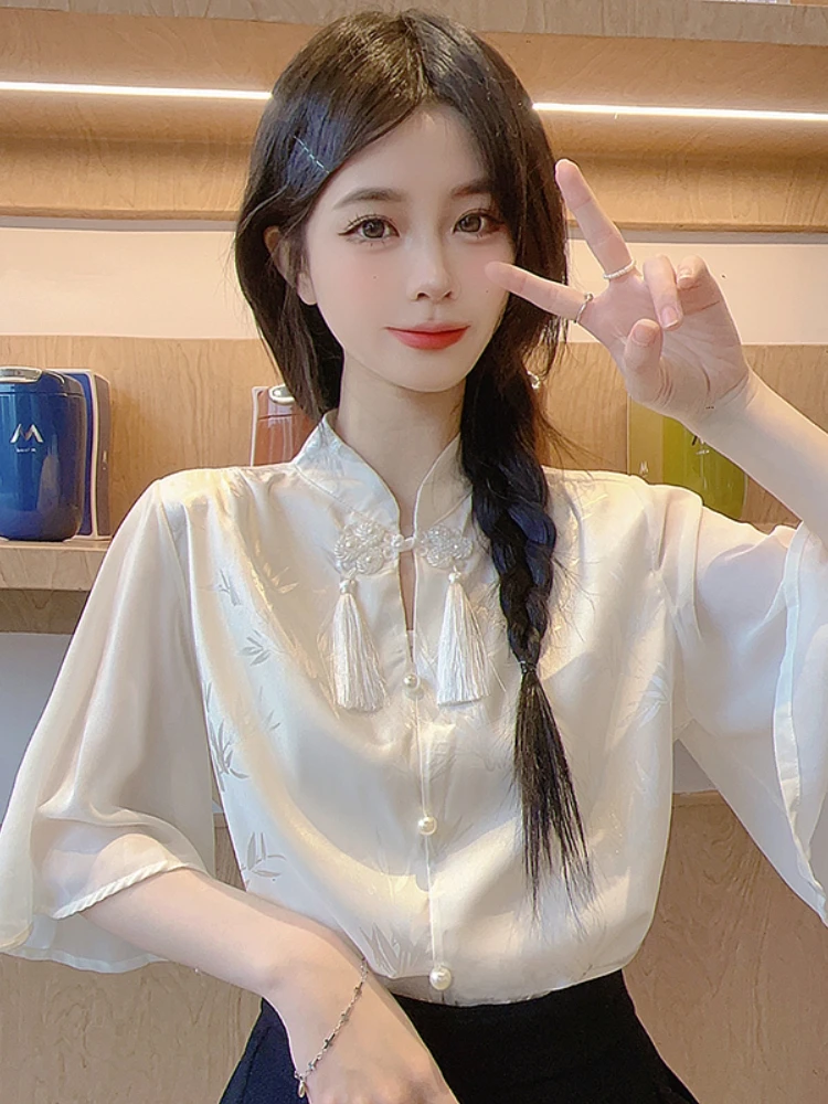 New Chinese Style Short Sleeve Silk Shirt Women Summer plus Size Slimming Zen Spirit National Style Top Buttoned Fashion
New Chinese Style Short Sleeve Silk Shirt Women Summer plus Size Slimming Zen Spirit National Style Top Buttoned Fashion