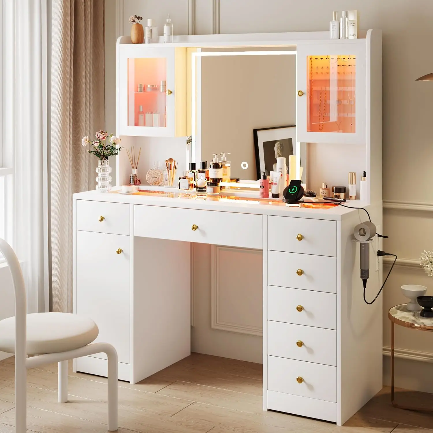 White Glass Top Vanity Desk for Bedroom, with RGB Light, Power Outlet, 7 Drawers & 3 Cabinets, 3 Lighting Colors
White Glass Top Vanity Desk for Bedroom, with RGB Light, Power Outlet, 7 Drawers & 3 Cabinets, 3 Lighting Colors