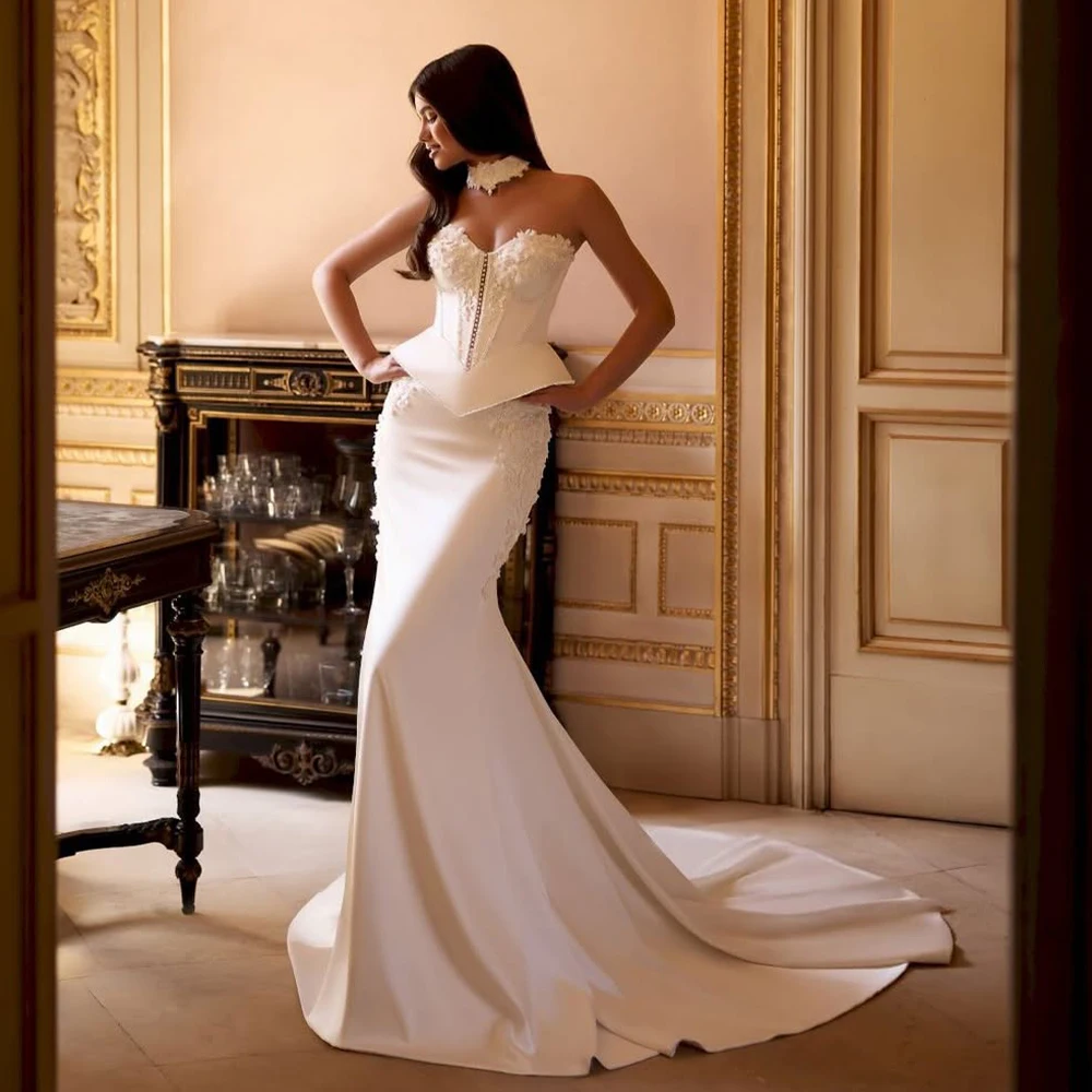 Customized Lace Corset Wedding Dress Sweetheart Neck Peplum Mermaid Bridal Dress With Court Train For Formal Luxury Wedding
Customized Lace Corset Wedding Dress Sweetheart Neck Peplum Mermaid Bridal Dress With Court Train For Formal Luxury Wedding