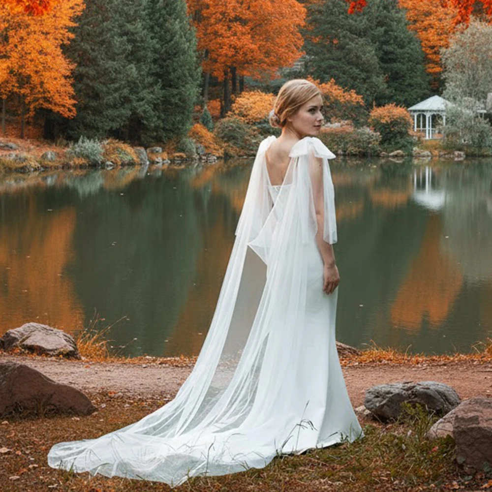 bow shoulder decoration 200cm long train cathedral simple elegant wedding plain tulle bridal shawl cape accessories VPG13
bow shoulder decoration 200cm long train cathedral simple elegant wedding plain tulle bridal shawl cape accessories VPG13