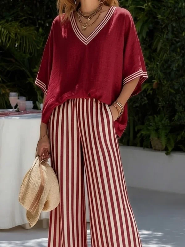 Summer New Women's Loose Cotton V-neck Short Sleeve Striped Wide Leg Pants Two-piece Set Fashionable Casual Suit Polyester Blend
Summer New Women's Loose Cotton V-neck Short Sleeve Striped Wide Leg Pants Two-piece Set Fashionable Casual Suit Polyester Blend