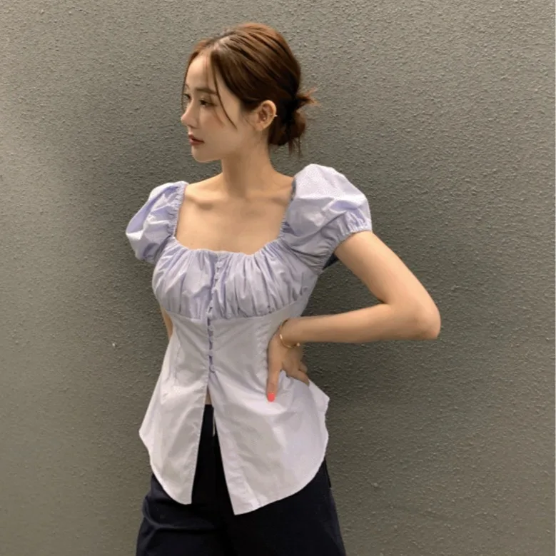 Slim Fit Single Button Bubble Sleeve Shirt Square Collar Back Tie Korean Style Women's Fashion Spring Autumn Winter Casual Wear
Slim Fit Single Button Bubble Sleeve Shirt Square Collar Back Tie Korean Style Women's Fashion Spring Autumn Winter Casual Wear